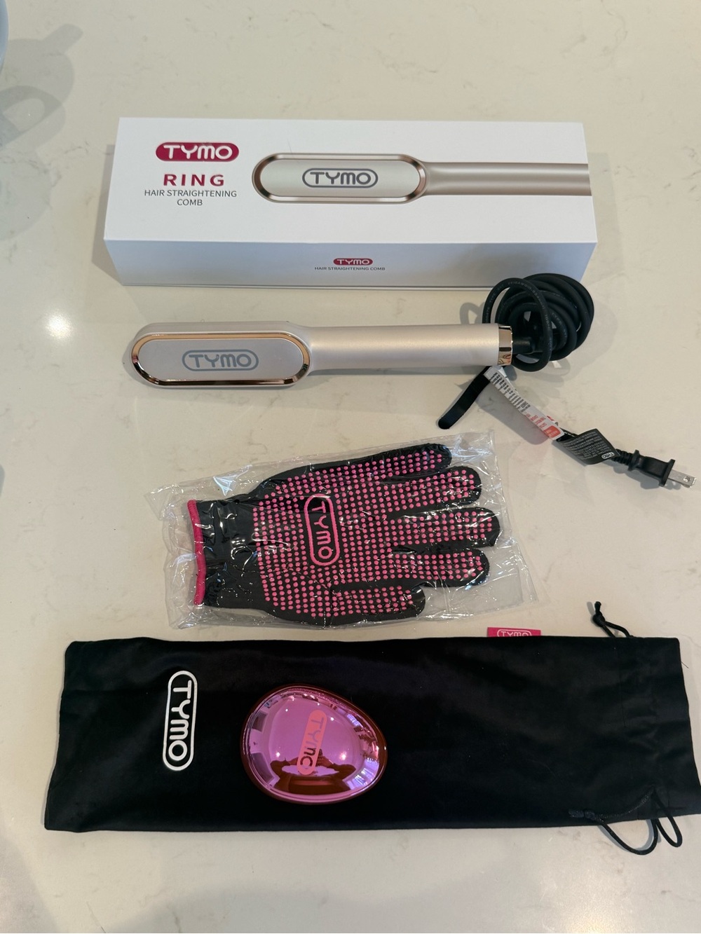 TYMO Pink Gold Hair Straightening Brush with Heat-Resistant Glove